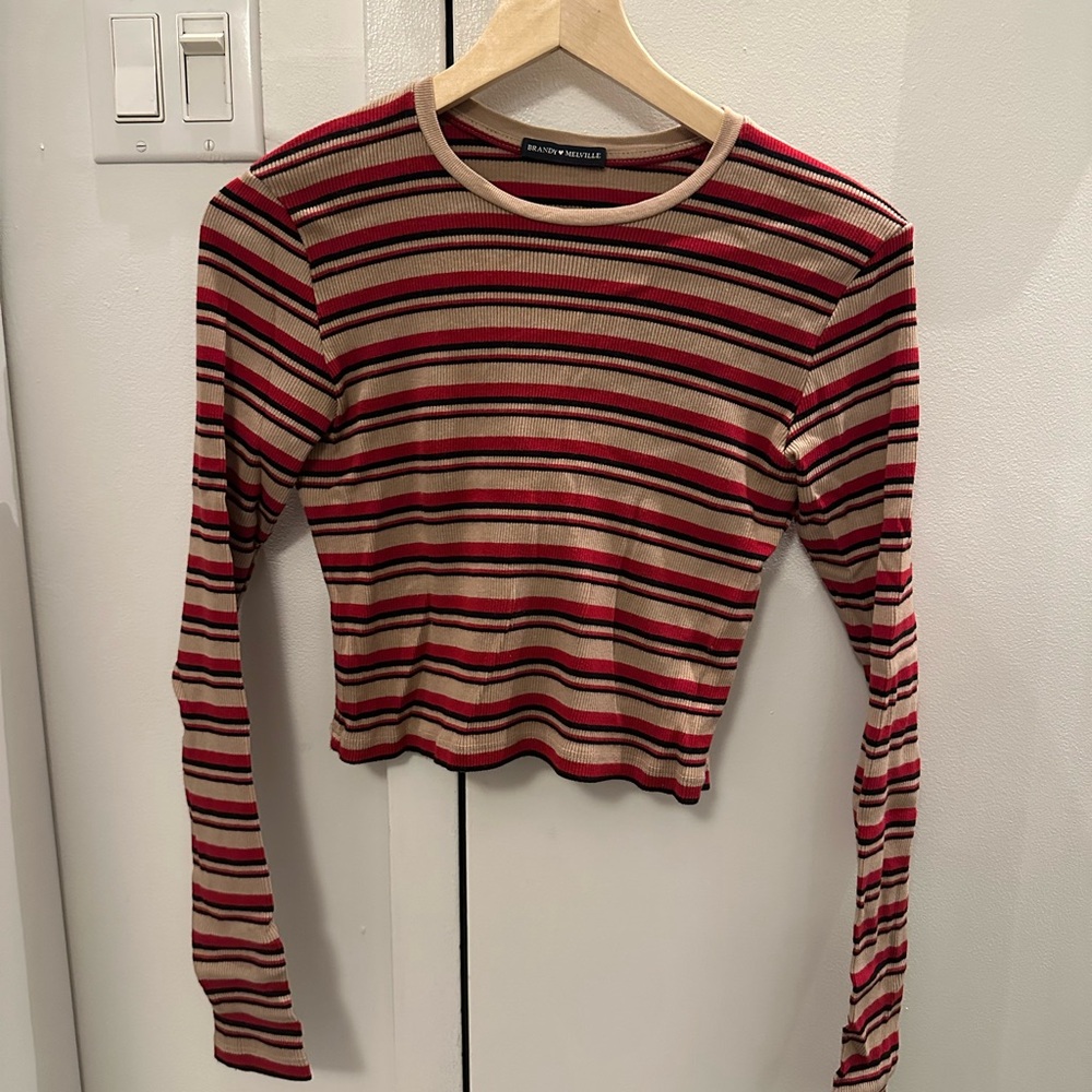 Brandy Melville Santana Red and Tan Striped Long Sleeve Tee